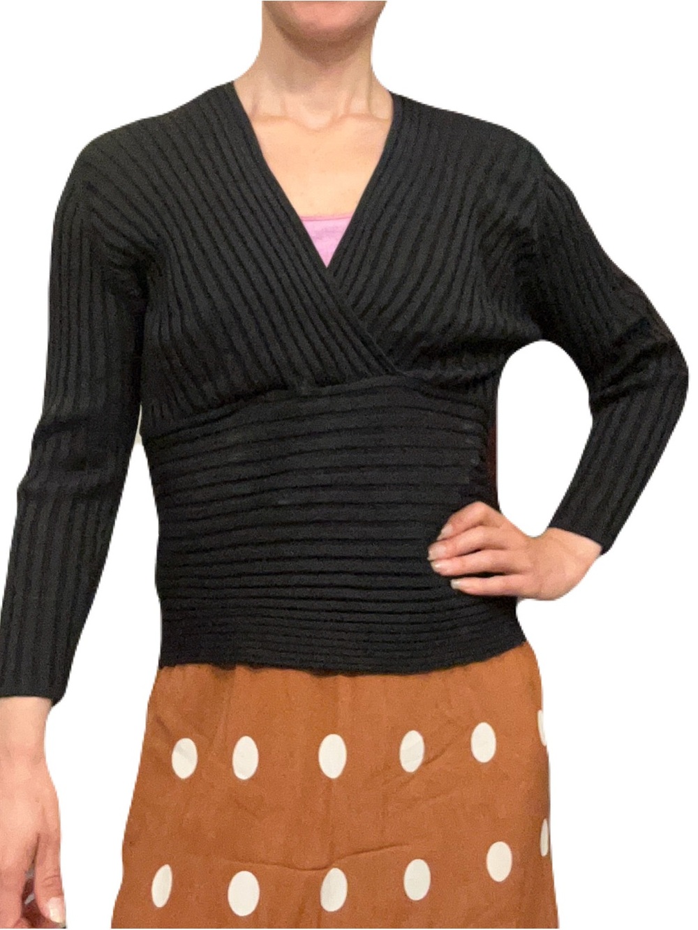 Black Ribbed V-Neck Wrap Silk Top - Women's Classic